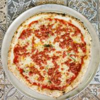 90 Second Pizza · San Marzano tomato sauce, mozzarella cheese, spicy salami, Parmesan, olive oil, and basil.