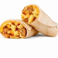 Breakfast Burrito · Scrambled egg, bacon, potatoes, and a slice of cheddar cheese in a wrap.