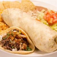  Burrito y Taco Combo · 1 burrito with your choice of meat, rice, whole pinto beans, onion, cilantro, with salsa. 1 ...