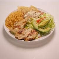  Chicken Grilled Combo · Whole grilled chicken slice. Small salad, includes lettuce, tomato, and guacamole, and your ...