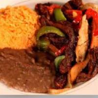  Meat Fajitas Combo · Your choice of meat (chicken or beef), grilled with bell pepper, tomato, and onion. Served o...