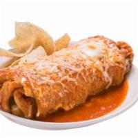 Wet Burrito  · Burrito topped with red enchilada sauce (not spicy) and Monterrey Jack cheese. Served with y...