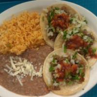 3 Pieces Soft Tacos Combo Plate · Served with rice, beans and salad.