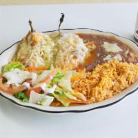 2 Pieces Chiles Rellenos Plate · Served with rice, beans and salad.