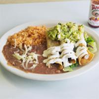 Taquitos Combo Plate · Served with rice, beans and salad. Guacamole and sour cream