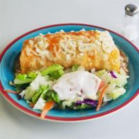 Wet Burrito Combo Plate · Your choice of a regular burrito asada Pollo pastor carnitas top it with red or green sauce ...
