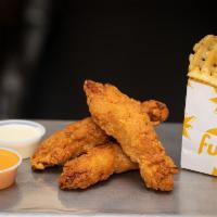 Fuku Fingers Meal · Crispy 4-piece chicken fingers. Meal with sweet jalapeño seasoned waffle fries, side of pick...