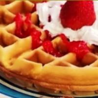  Fruit Belgian Waffle · Belgian waffle with your choice topping all day item.