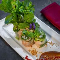 Summer Rolls · Shrimp, beansprouts, mint, lettuce, rice noodle, wrapped in rice paper. Served with peanut s...