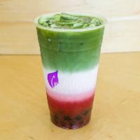 Strawberry Matcha Latte · Served with organic milk and housemade strawberry puree. Made with hand whisked Uji Ceremoni...