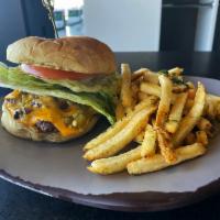 Green Chile Burger  · Two crust seared smashed patties, fire roasted Hatch green chiles & American cheese (double ...