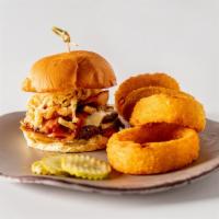 Kansas City BBQ Burger · Two crust seared smashed patties, sweet & tangy KC style BBQ sauce, braised pulled pork, thi...