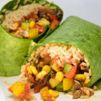 The Veggie Burrito · Brown rice with grilled green, yellow, red bell peppers, mushrooms, sweet onions, yellow and...