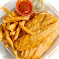 Catfish Fillet Dinner · All dinners comes with fries coleslaw and bread
Small: 2 pieces
Large: 3 pieces