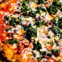 Mediterranean Pizza · Red onion, Kalamata olive, sauteed spinach, feta and mozzarella cheeses, house tomato sauce ...
