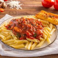Penne Arrabiatta with Grilled Chicken · Grilled chicken, fresh garlic, olive oil, fresh basil, capers, crushed peppers and marinara ...