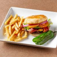 Chorizo Burger · Award winning chorizo burger with lettuce tomato onion cheese chipotle mayo served with fren...