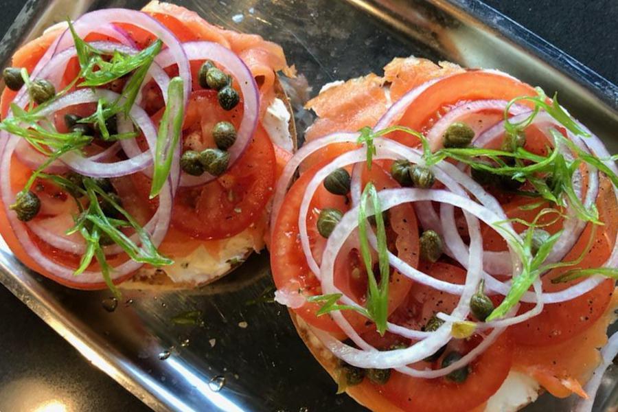 LOADED BAGEL · toasted everything or plain bagel, choice of scallion or plain cream cheese, smoked salmon, tomato, red onion, capers