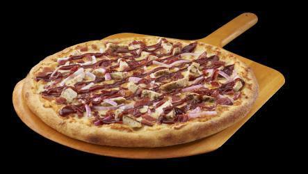 Western BBQ Chicken Pizza · Get your taste buds warmed up for this pizza. Chicken breast, red onions, bacon and extra cheese cooked on a layer of BBQ sauce—a great change of pace.