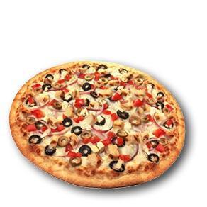 Mediterranean Chicken Pizza · Give this great combination a try. Our Thin N’ Crunchy crust spread with extra virgin olive oil, then topped with mozzarella, chicken breast, red onion, black & green olives, garlic, fresh tomatoes and feta cheese. It’s Feta-stic.