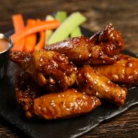 Korean Bbq · 8 Korean BBQ wings (mild heat), served with carrots & celery and a choice of blue cheese, cl...