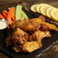 Lemon Pepper · 8 lemon pepper wings (mild heat), served with carrots & celery and a choice of blue cheese, ...