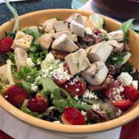 Strawberry Field Salad · Organic mixed greens, fresh strawberries, chicken breast, candied pecans, Gorgonzola cheese ...
