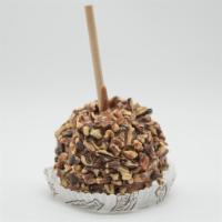 Pecan Caramel Apple · A Granny Smith apple covered in fresh caramel then rolled in chopped pecans.