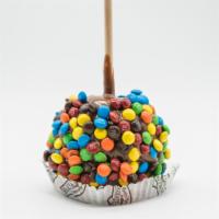 M&M’s Caramel Apple · A Granny Smith apple covered in fresh caramel, rolled in M&M candies.