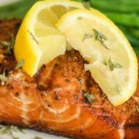 Grilled Salmon Gluten free.  · Fresh salmon broiled over a charcoal flame, and topping with gremolata.
