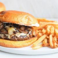 Mushroom Swiss Burger ＆ Fries · Half pound burger patty, swiss cheese, sautéed mushrooms, caramelized onions.