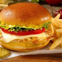 Grilled Chicken Sandwich ＆ Fries · Lettuce, tomato, coleslaw, pickle red onions, chipotle mayo. Add cheese (Swiss, American) fo...