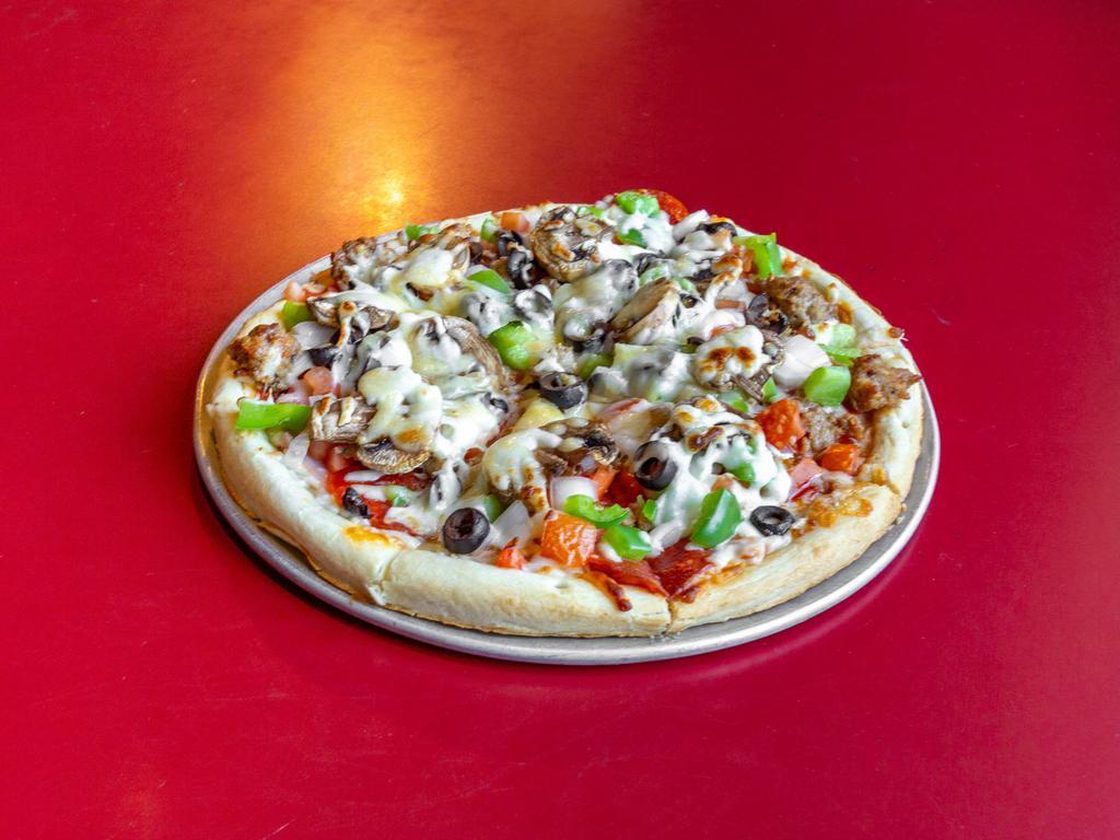 Big Nick's Pizza Large · Canadian bacon, Italian sausage, pepperoni, tomatoes, onions, green peppers, blacks olives, mushrooms, and havarti cheese.