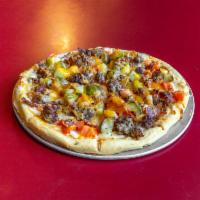 Cheeseburger Pizza Small · A seasoned mayo topped with ground beef, diced bacon, onions, tomatoes, and pickles with mel...