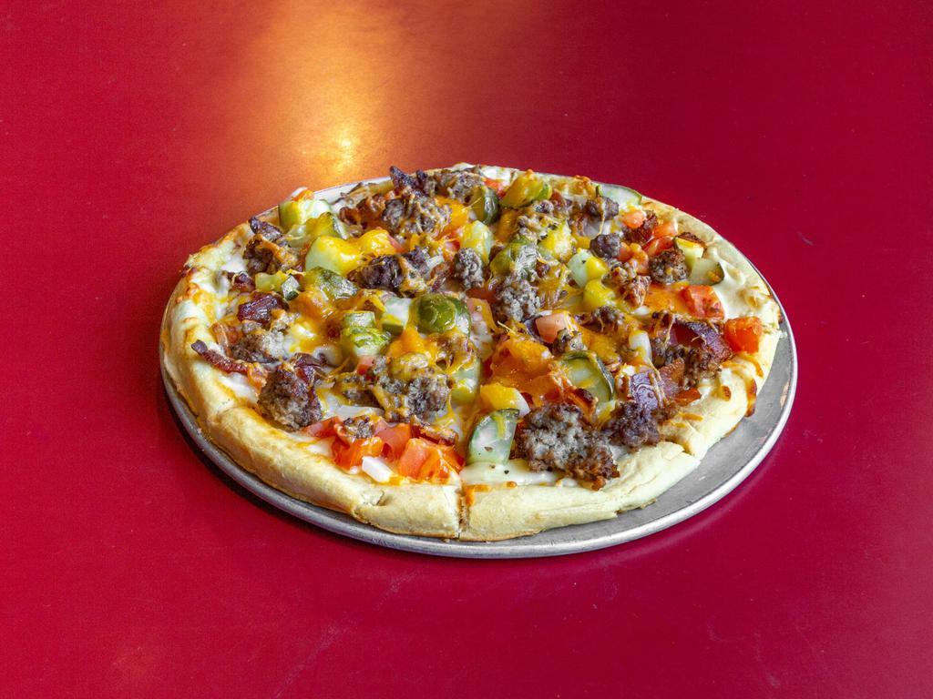 Cheeseburger Pizza Large · A seasoned mayo topped with ground beef, diced bacon, onions, tomatoes, and pickles with melted mozzarella and cheddar cheese.