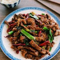 Mongolian Beef · Marinated beef with scallion, serve w/ rice
