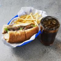 Philly Cheesesteak Sub Combo · Steak and cheese with melted cheese and onion and green peppers (no lettuce or tomatoes). Co...