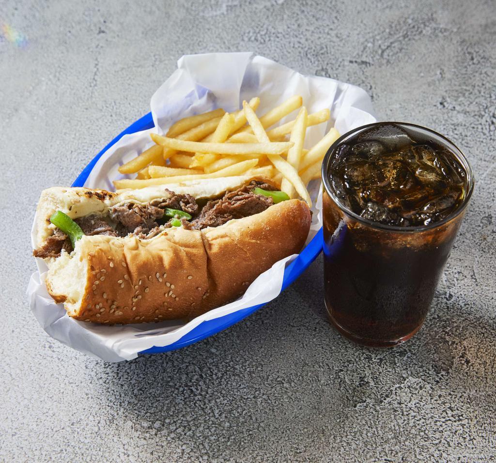 Philly Cheesesteak Sub Combo · Steak and cheese with melted cheese and onion and green peppers (no lettuce or tomatoes). Comes with medium fountain drink and fries or chips.