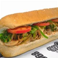 Hot Veggie Stir Fry Sub · Mushrooms, green peppers, broccoli, onions, cheese and pizza sauce.