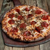 Yankee Pizza · Pepperoni, sausage, onion, shredded mozzarella, red sauce.