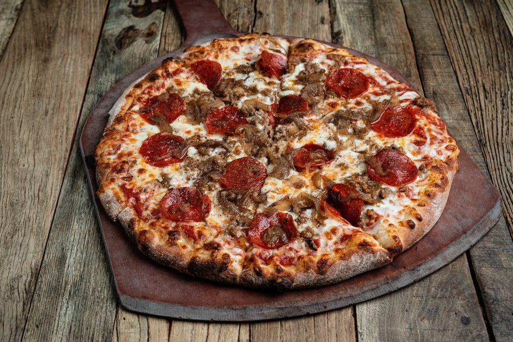 Yankee Pizza · Pepperoni, sausage, onion, shredded mozzarella, red sauce.
