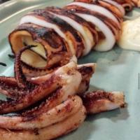 Grilled Whole Squid · Grilled marinated squid with Japanese mayo and togarashi.