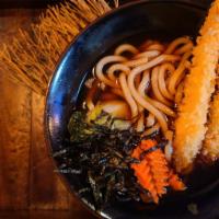 Udon Noodle Soup with Shrimp Tempura · Thick noodles with tempura broth soup, snow peas carrot, broccoli, cabbage, mushroom, and fr...