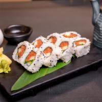 Spicy Tuna Roll · Inside: chopped tuna mixed with spicy kimchi sauce, jalapenos, cilantro, cucumber. Outside: ...