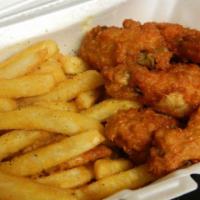 6 pc Wing Combo · 6 golden fried wings, with your choice of sauce, regular fries and an ice-cold drink.