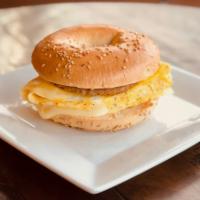 Sausage, Egg and Cheese on Bagel  · Toasted Bagel served with Sausage, Omelette Style Egg and Cheese