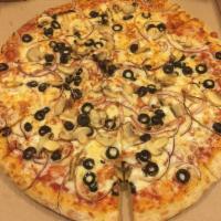 Herbivore Pie · Mushrooms, black olives, red onions, green peppers, mozzarella cheese and special sauce.