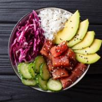 Poke Bowl · Choice of a variety of Fish, Meats and organic Veggies with organic mexico avocado, organic ...