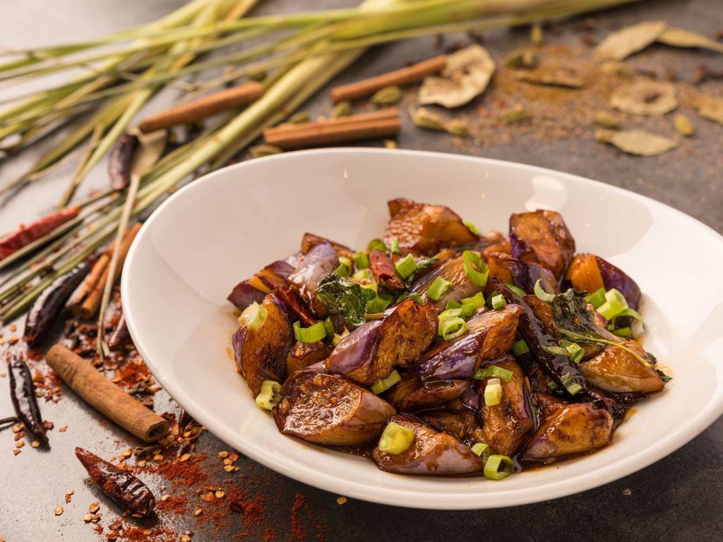 Eggplant and Garlic · Fried eggplant with garlic and scallions in a sweet chili sauce.