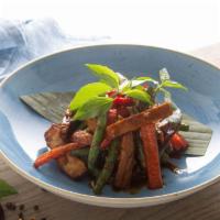 Fiery Tofu and Vegetables · Tofu, string beans, red bell pepper, and basil in sweet and spicy sauce.